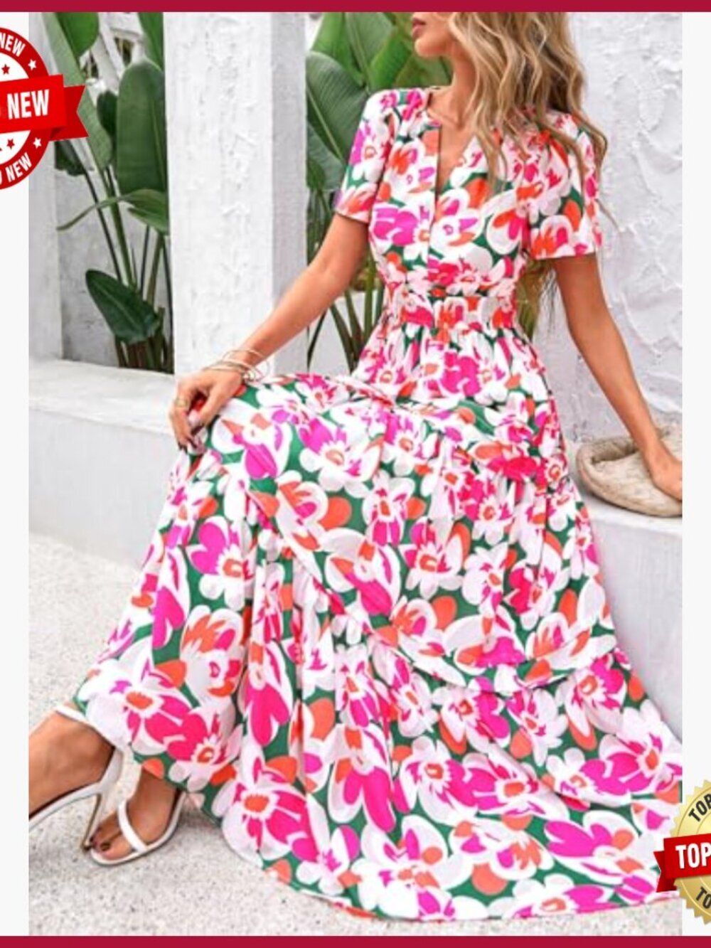 Boho Maxi Dress with Pockets, V-Neck, Tiered Hem, Summer Casual Beach Vacation - Picture 5 of 7